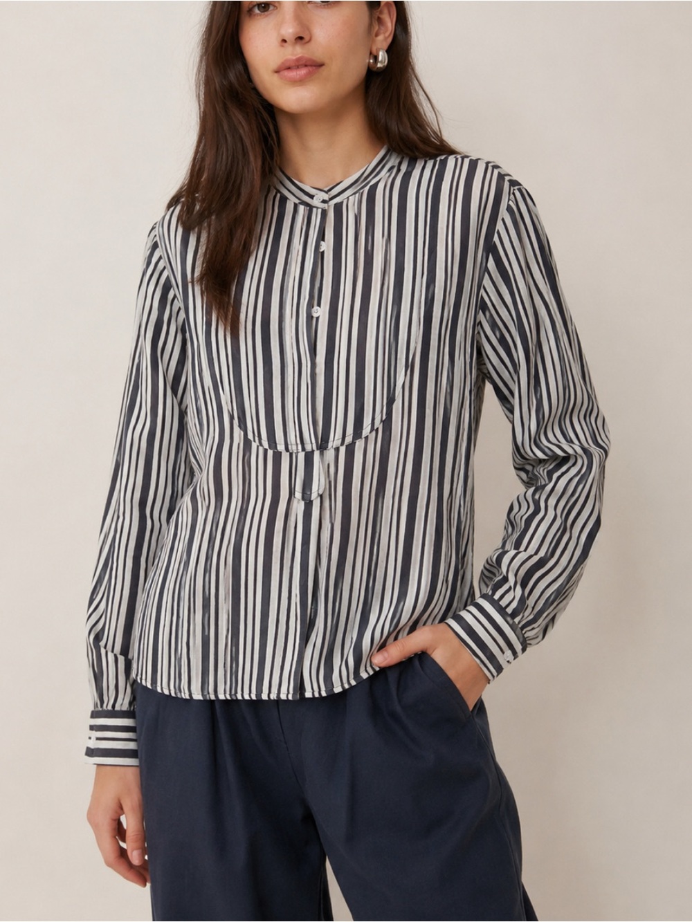Apiece Apart Silk and Linen Striped Nautical Crewneck Button Flowy Blouse